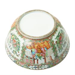 19th century Chinese Canton bowl decorated with panels of figures and flowers in famille rose enamels D34cm