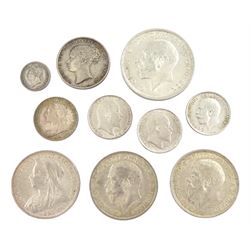 Great British pre 1920 silver coins including King George IV 1827 maundy twopence, Queen Victoria 1853 shilling, 1898 florin and 1901 sixpence, King Edward VII 1904 and 1910 sixpences, King George V 1915 florin, 1916 halfcrown etc (10)