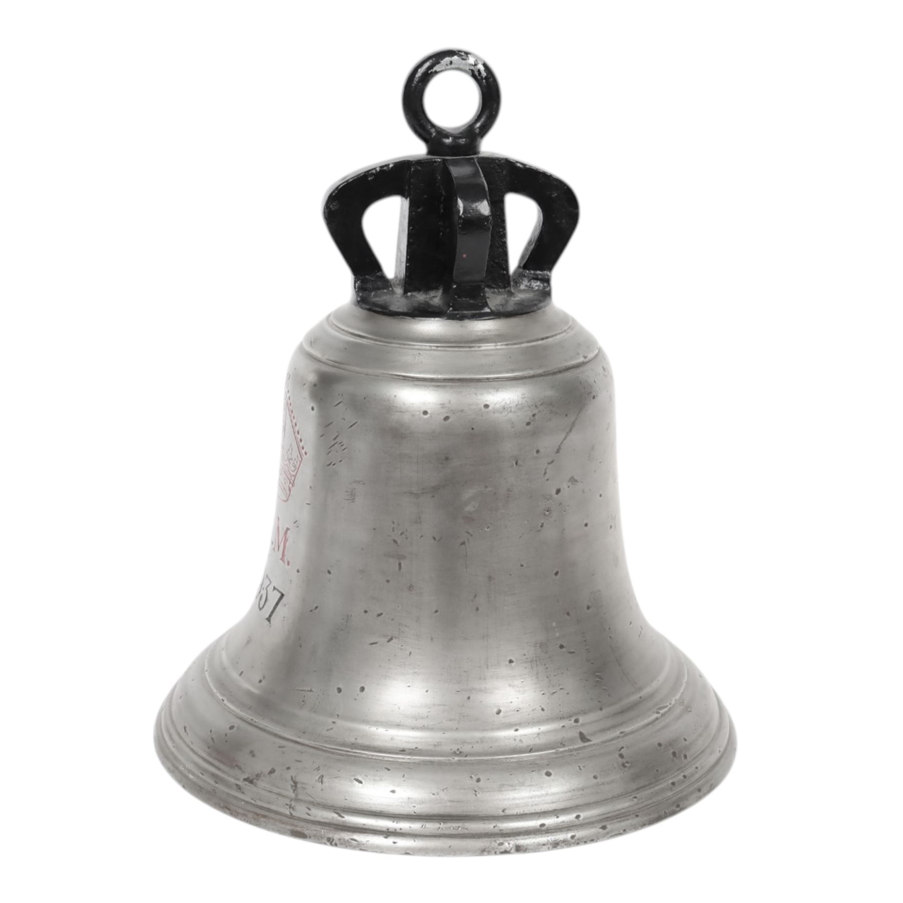 WWII RAF scramble bell, dated 1937, engraved with the large crowned Air Ministry motif infilled in red, with clanger and rope, H35cm