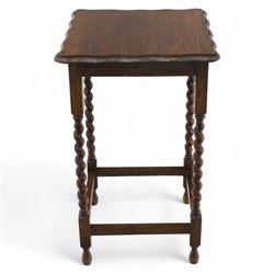 Early 20th century mahogany side table; with bedside cabinet, shaped rectangular top on barley twist supports united by stretchers (H 72cm, W 42cm, D 45cm), together with a Late Victorian tiger bamboo occasional table, rectangular two-tier form with woven cane surfaces, the upper tier with raised edge above splayed supports with naturalistic jointing (H 70cm, W 52cm, D 36cm)