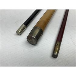 Three parade ground canes - malacca cane Coldstream Guards with plated mount engraved 'H.A. Myhan' L87cm; ebonised Church Lads Brigade 'Fight The Good Fight'; and mahogany stained Worcestershire Regiment (3)