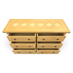 Barker & Stonehouse - contemporary flagstone and mango wood sideboard, rectangular top with inlaid flagstone, above six short drawers with metal ring pull handles, raised on a plinth base with bracket feet