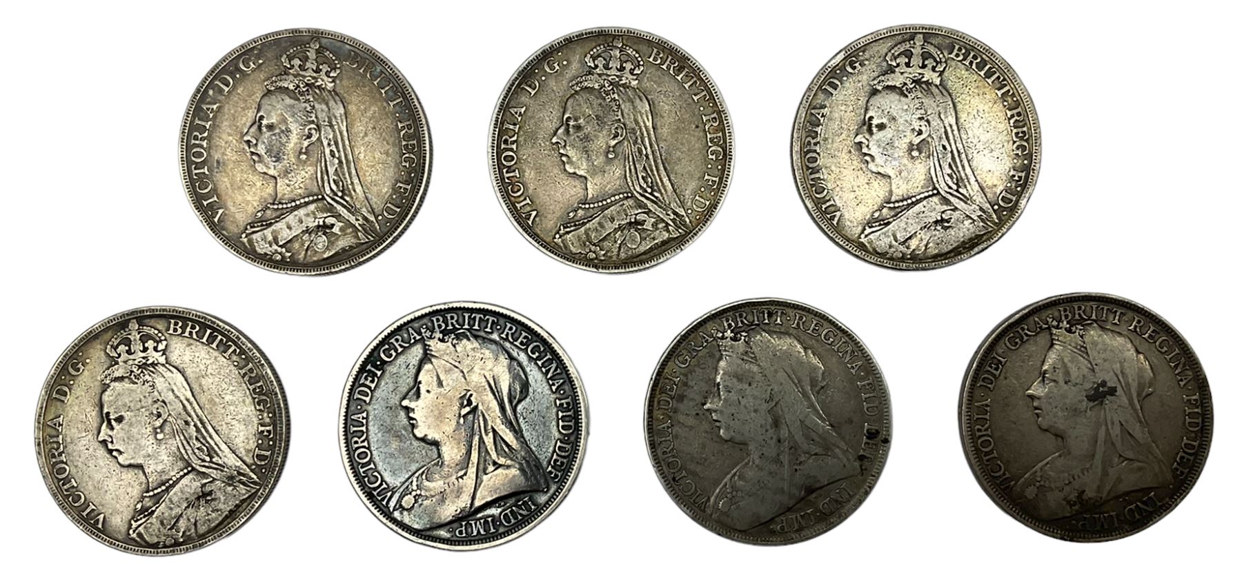 Seven Queen Victoria crown coins, dated 1888, two 1890, 1891, 1893, 1895 and 1896