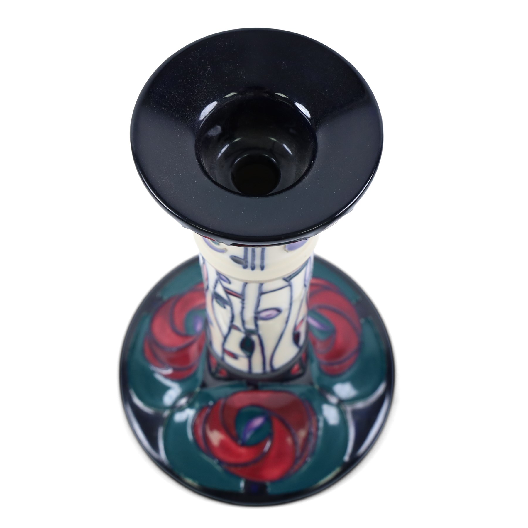Moorcroft Tribute To Charles Rennie Mackintosh jug and candlestick, designed by Rachel Bishop, jug H24cm