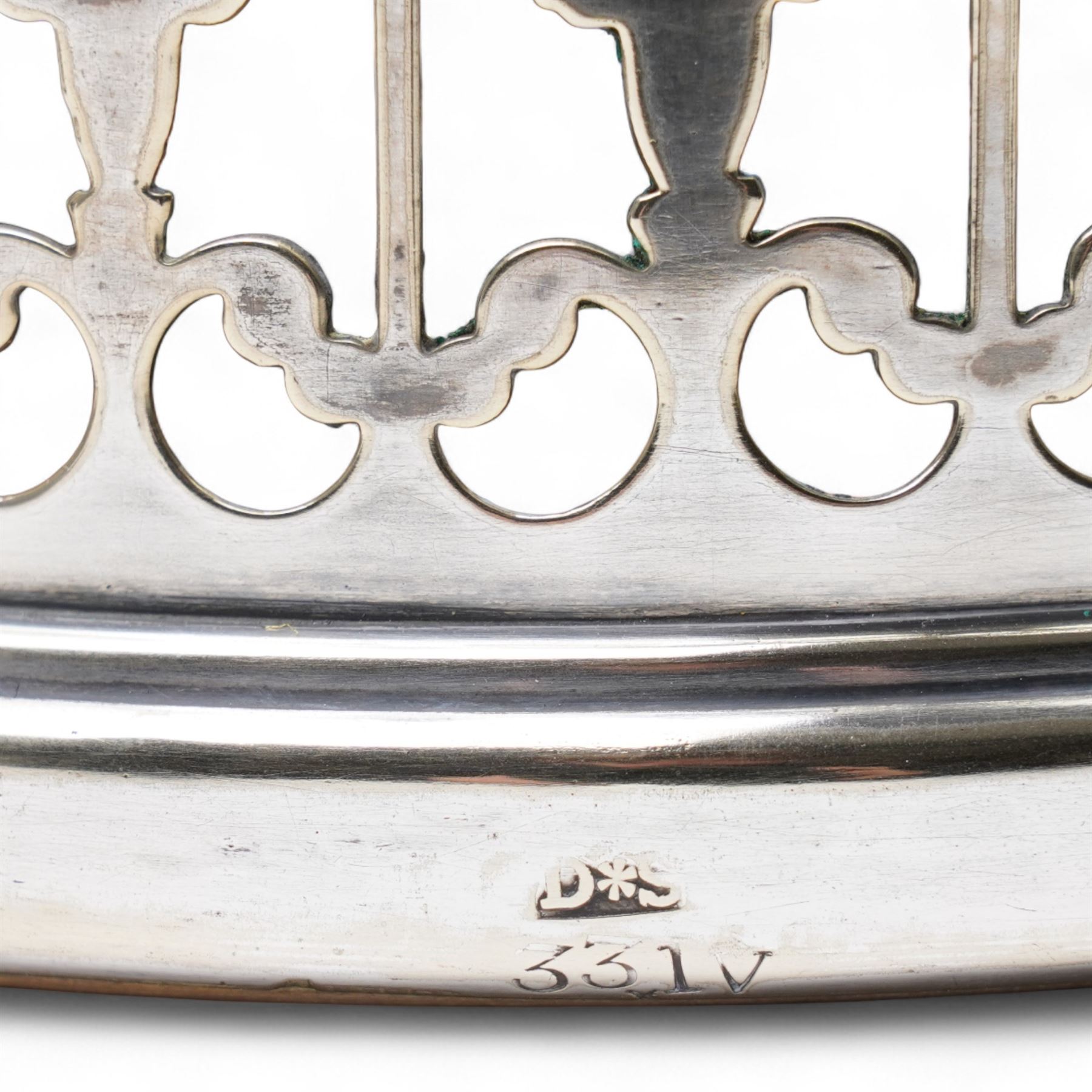  Pair of Victorian plated bottle coasters with pierced sides and turned boxwood bases