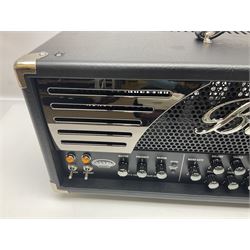 As new Bugera 333XL Infinium Hardcore 120-watt 3-channel tube amplifier head with reverb and Infinium tube life multiplier; date code 1507; number S1500576AAC L69cm; boxed with foot controller, power cable and paperwork