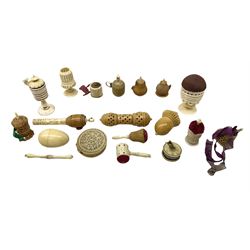 19th century bone and vegetable ivory sewing items including needles cases, pin cushions, thimble cases etc