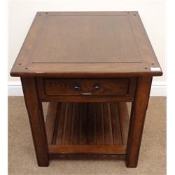  Broyhill oak two tier lamp table, single drawer, square supports joined by supports with slatted base, W64cm, H67cm, D71cm  