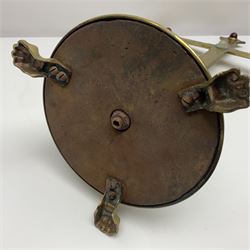 Brass alter cross, decorated with glass cabochons, upon a acicular stepped base and three claw feet, H73cm 