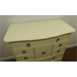  Wallis & Gambier Ivory serpentine chest, moulded top, eight drawers, shaped apron, shell carved cabriole feet, W109cm, H112cm, D54cm  
