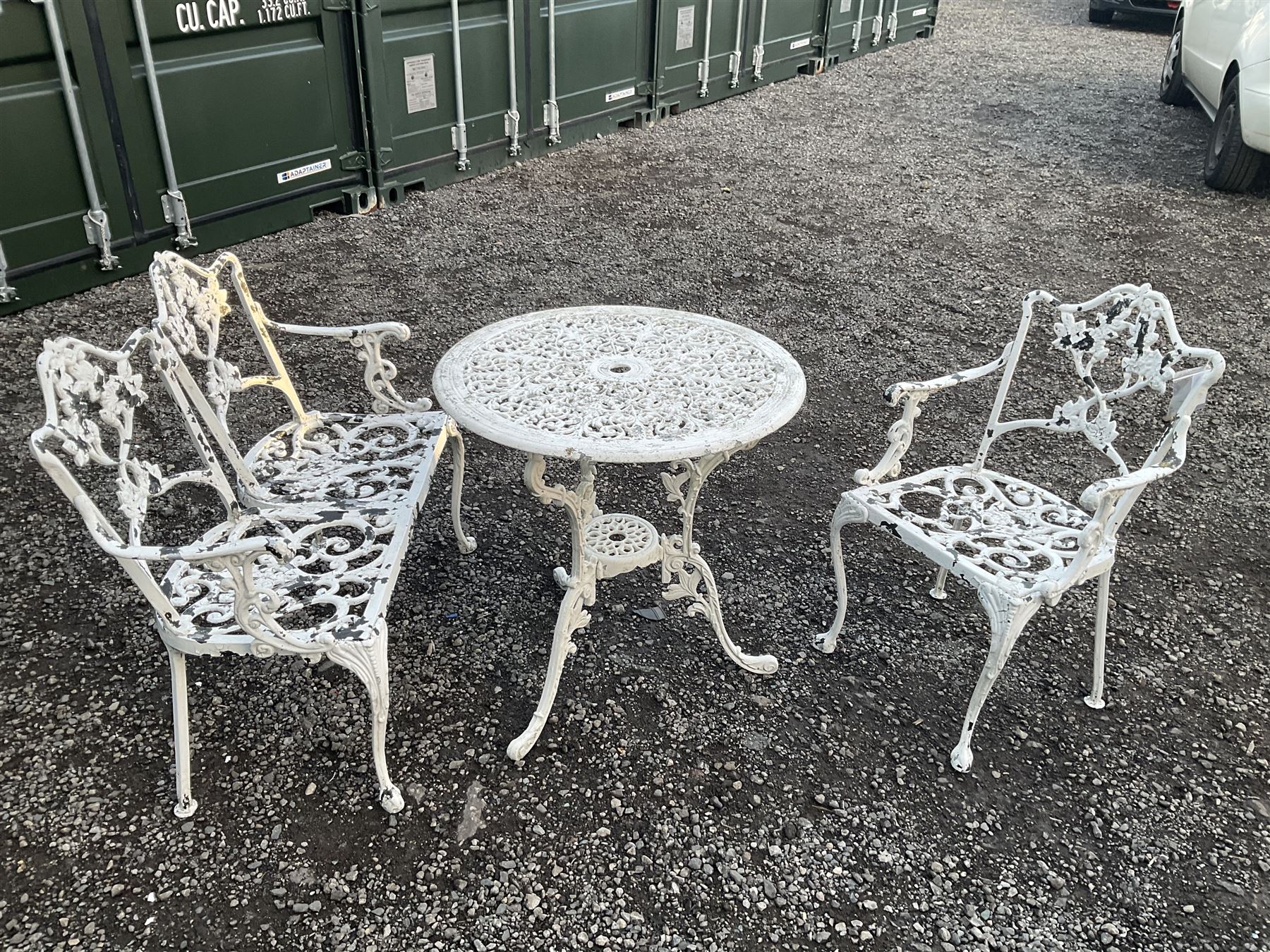 Painted aluminium circular garden table D69cm, matching two seat bench and armchair - THIS LOT IS TO BE COLLECTED BY APPOINTMENT FROM DUGGLEBY STORAGE, GREAT HILL, EASTFIELD, SCARBOROUGH, YO11 3TX