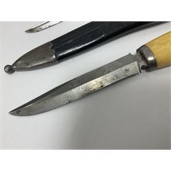 Two Scandinavian bowie knives, the first example with polished green handle with horse head final in white metal, with brown leather sheath, blade L6cm overall L12cm, the second with a polished bone handle, in black sheath with white metal tip, blade L11cm overall 23cm