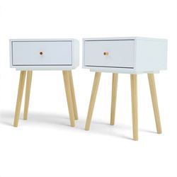 Contemporary pair of white single drawer bedsides, raised on tapering light wood supports