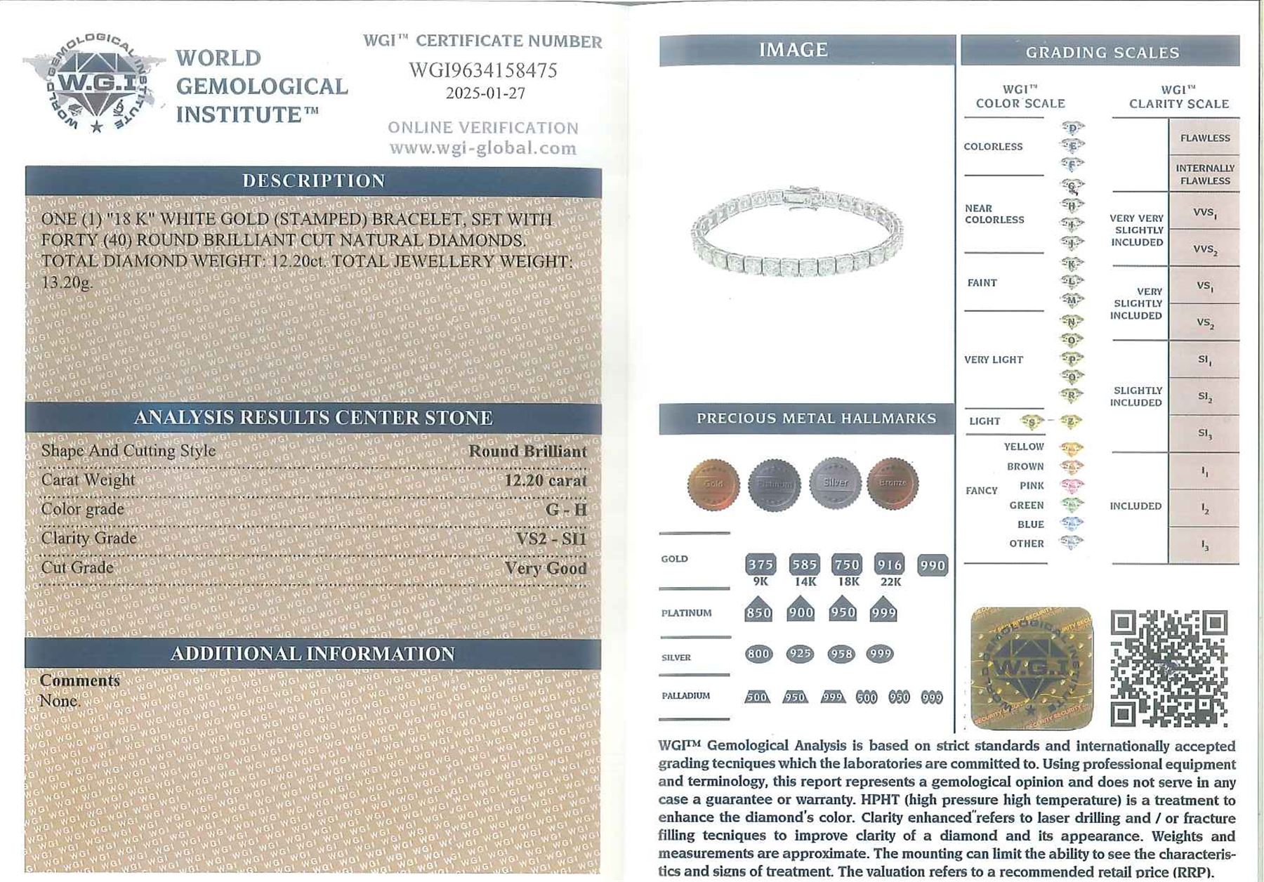 18ct white gold diamond bracelet, forty round brilliant cut diamonds of approx 12.20 carat, stamped, with World Gemological Institute Report