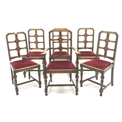 Set six (5+1) early 20th century oak dining chairs, upholstered drop in seat, turned supports joined by stretchers, W59cm