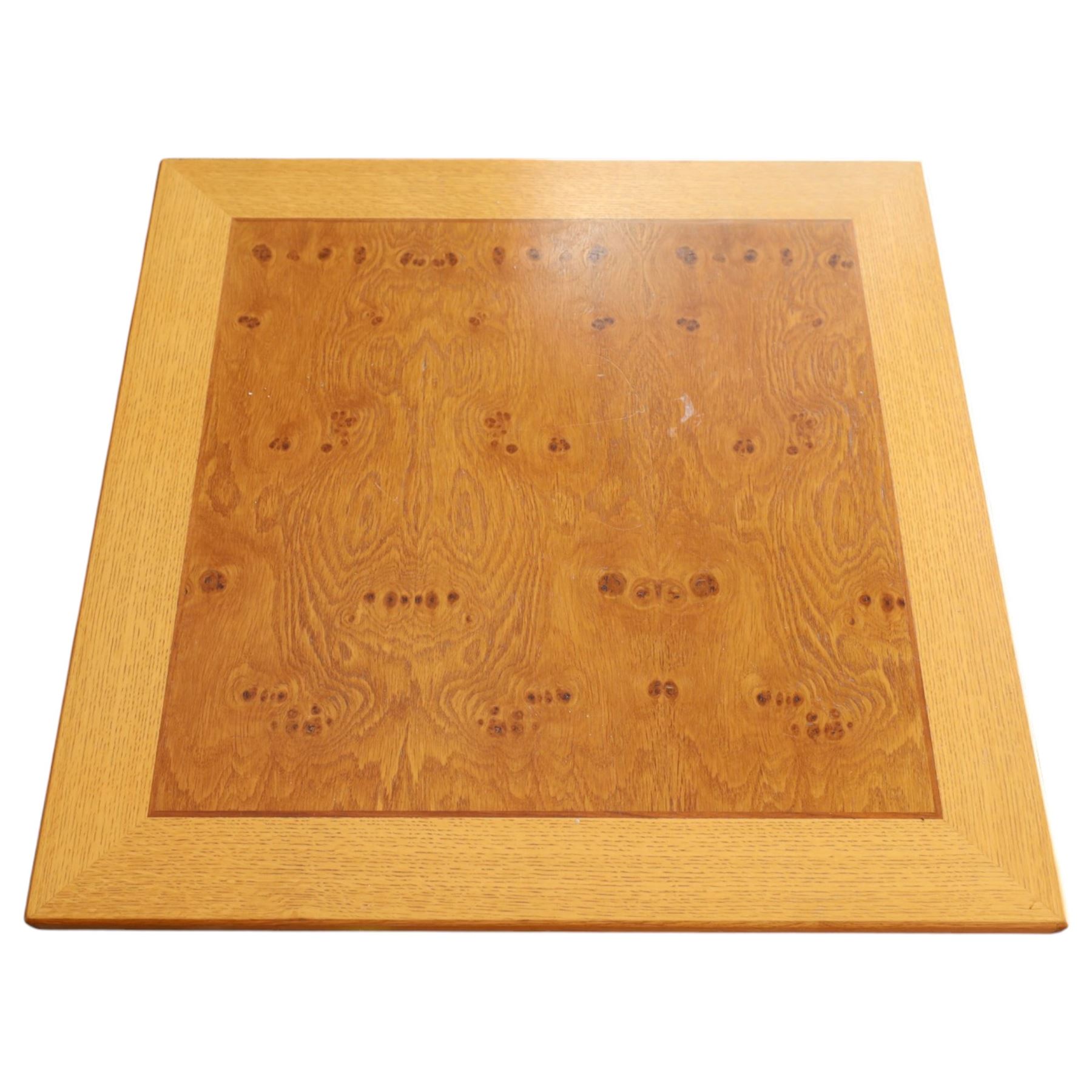 Light oak square coffee table, burr and figured top