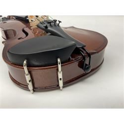 Four student violins - two Chinese three-quarter size with 33.5cm and 34cm two-piece backs; Stringers of Edinburgh quarter size with 28cm two-piece back; and Stentor quarter size with 28cm two-piece back; each in carrying case (4)