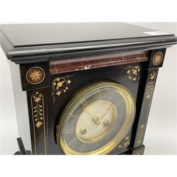 Victorian black slate cased mantel clock, with rouge marble, engraved and gilt decoration, circular dial with Roman chapter ring, twin train eight day movement with brocot escapement, striking the hours and halves on bell, the movement back plate stamped 'B.R 39549 498'