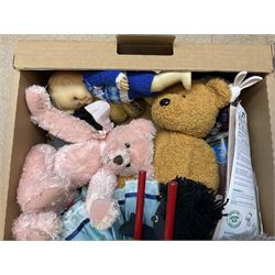 Collection of toys to include two Sunny Jim dolls, three box die-cast models, painted metal soldiers, dolls, teddy bears etc in two boxes 