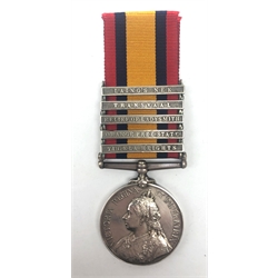  Queens South Africa medal, with clasps for Laing's Nek, Transvaal. Relief of Ladysmith, Orange Free State and Tugela Heights, later renamed for 3288 Pte. Morrison W.Yorkshire Regit  