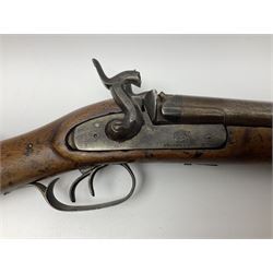 19th century Indian .577 Enfield muzzle loading rifle, proofed for 26-bore, the 98.5cm barrel with three barrel bands and later ram rod L140cm overall; 19th century Belgian side-by-side double barrel percussion shotgun, approximately 20-bore, with 74cm barrels and studded walnut stock, lock plate marked 'Liege 1868' and 'V. Gulikers-Maquinay' L117cm overall; and another side-by-side double barrel shotgun by Smythe with underlever opening (3)