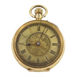 Early 20th century gold open face ladies keyless cylinder fob watch, gilt dial with Roman numerals, back case with engraved flower and foliate decoration, stamped 14K