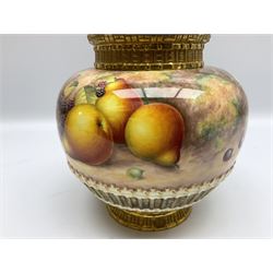 Mid 20th century Royal Worcester potpourri vase and cover decorated by Alan Telford, of ovoid form with inner cover and pierced gilt outer cover with bud finial, upon short gilt circular foot, the body part moulded with basket weave bands in gilt and bronze, and hand painted with a still life of fruit upon a mossy ground, signed Telford, with black printed mark beneath and painted shape number 1286, H25.5cm