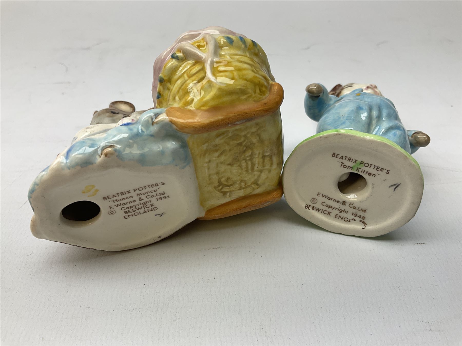 Nine Beswick Beatrix Potter figures, comprising Tabitha Twitchett, Appley Dapply, Tom Kitten Tailor of Gloucester, Ribby, Hunca Munca, Amiable guinea-pig, Miss Moppet and Poorly Peter rabbit,  all with printed mark beneath 