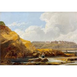 John Wilson Carmichael (British 1800-1868): On the Beach at Cullercoats, oil on board signed with initials and inscribed 'Sketch' 24cm x 34cm