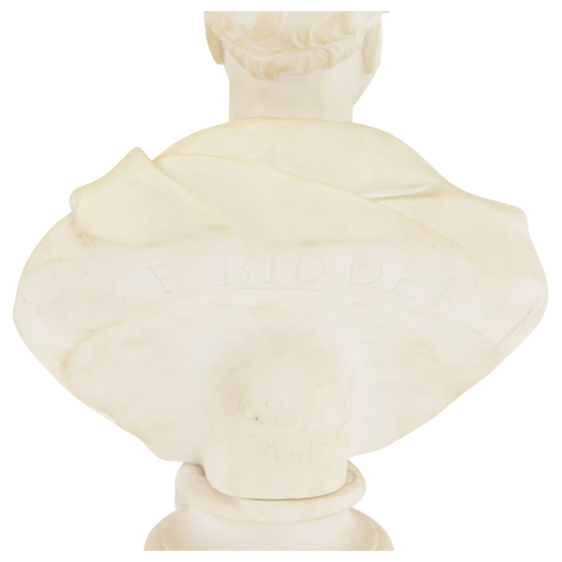 Two Parian busts, the first example of G.P. Bidder, marked W.Wyon to the back, the other of Professor John Wilson, H30cm