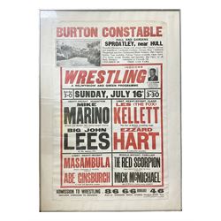 Burton Constable Hall advertising post, 1960s, 'Indoor wrestling a Reswyskow and Green Programme ....... Mink Marino v Big John Lees ....... Les (the fox) Kellett v Ezzard Hart', framed H101cm, W70cm