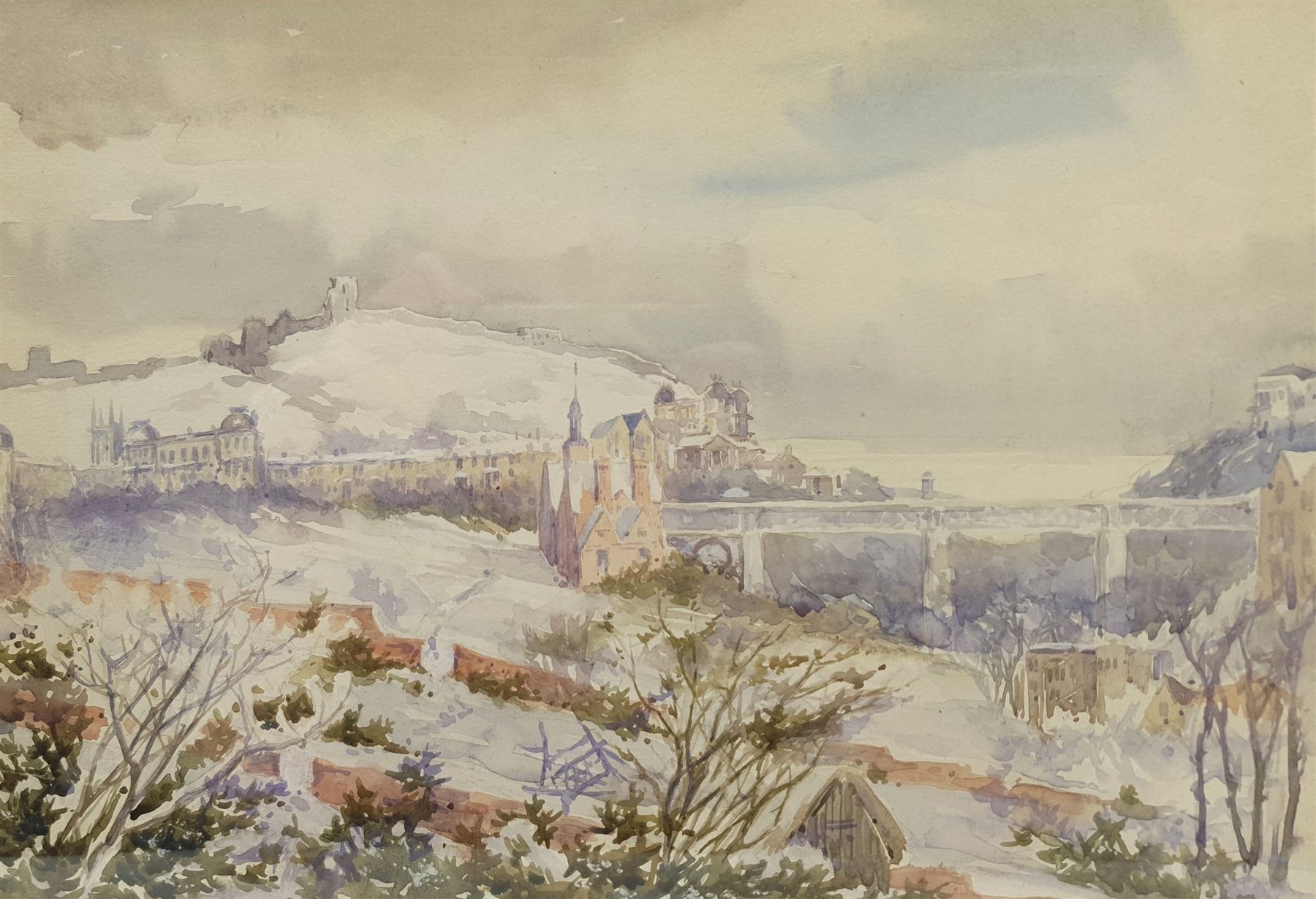 Richard Edward Clarke (British 1878-1954): 'View from Hillthorpe House (Westwood) Scarborough in Snow', watercolour signed titled and inscribed 'with Aunt Emily's love' verso 25cm x 35cm 
Notes: the view shows the Old Boys High School built as the Municipal School in 1900; an Emily Thomas is registered as living in Hillthorpe House in the Bulmer's Directory of 1890
