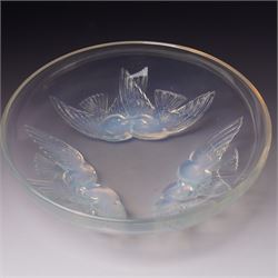 Lalique opalescent glass bowl in the 'Nonettes' pattern moulded with birds, marked R Laliq...
