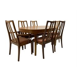 Nathan - mid-20th century teak oval extending dining table (W152cm D99cm H75cm); and Nathan - set six (4+2) mid-20th century teak high slat-back chairs, seats upholstered in light red fabric (W55cm H96cm)