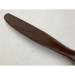 Early 20th century Avro 504 80HP Gnome laminated mahogany two-blade propeller with metal centre to the hub, stamped to the face of the hub 'AVRO Y80 80HP GNOME TYPE 504 & 504A A.I.D.29 A.I.D.32 1545' and to the sides of the hub '2744 DIA 1829 PITCH' and '1470'; traces of A.V. Roe & Co Ltd Manchester transfers to both blades L273.8cm; Auctioneer's Note: The Avro 504 was introduced in 1913 and was quickly taken up by the Royal Flying Corps as a trainer and observation machine; robust and versatile it remained in general service as a trainer until the late 1920s then widely for civilian use as a joy-rider and for stunt displays. The legendary RAF WWII ace, Douglas Bader, took instructions and would have had his first solo flight in just such a machine.