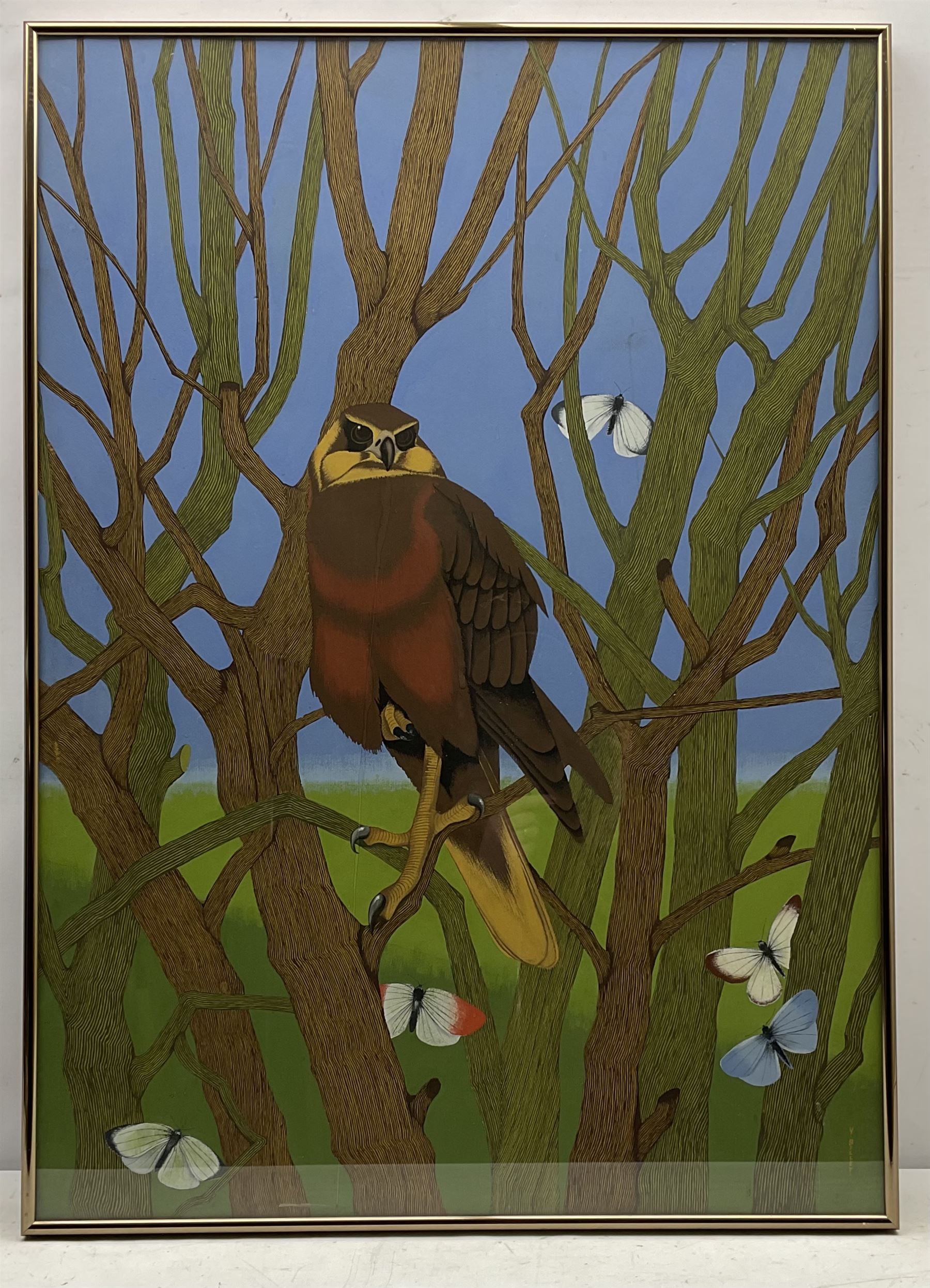 Yves Billet (Belgian 1934-1991): Surrealist Hawk and Butterflies, gouache signed 75cm x 53cm