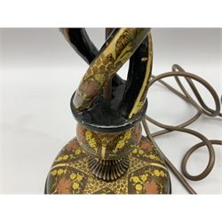  Kashmiri papier mache table lamp, open spiral twist column decorated with flowers, on a turned base,  H43cm