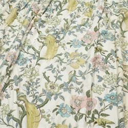 Pair of large quality full length lined and padded ivory ground curtains profusely decorated with birds of paradise and exotic flora, in a predominantly pastel palette

Pelmets W 335cm