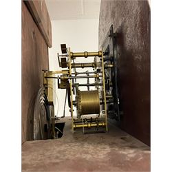 John Stonehouse of Leeds - mahogany 8-day longcase clock with a painted oval dial c1830, hood with a swans necked pediment and profuse contrasting inlay to both the hood and case, oval hood door with flanking pilasters and Corinthian capitals, conforming case with canted corners and short triple spire door, broad plinth with matching inlay and canted corners on shallow base, dial depicting masonic regalia, symbols, and pictorial depictions of the humanities, faith, hope, charity and righteousness, black chapter with white roman Arabic’s, date recorder and matching “crown” hands, dial pinned to a rack striking movement with a recoil anchor escapement, striking the hours on a coiled underslung gong. With weights and gridiron pendulum. 
This clock case is of large, impressive dimensions and was almost certainly commissioned for a large masonic lodge in Leeds, a rare and unique example.