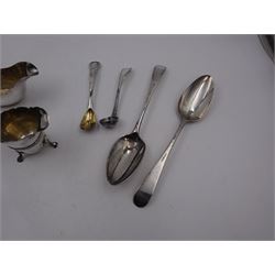 Pair of Georgian silver Old English pattern spoons, hallmarked Thomas Wallis II, London 1791, together with a silver sauce boat, silver cream jug and two other silver spoons, all hallmarked 