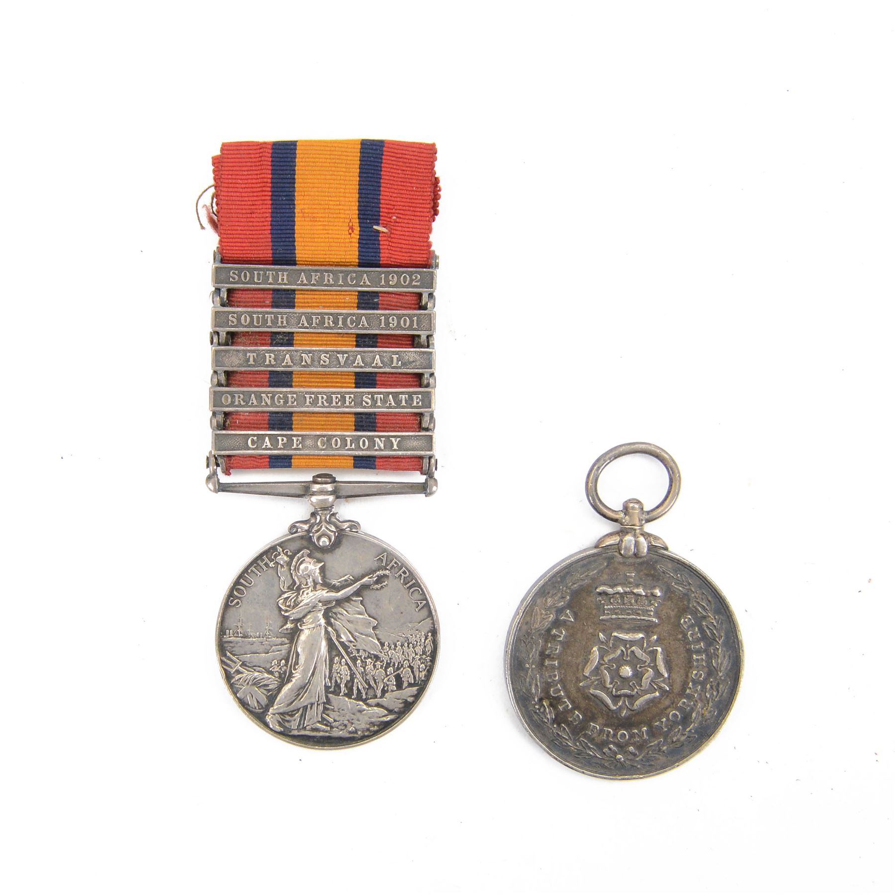 Boer War medal pair; Queen's South Africa Medal with five clasps; South Africa 1901, South Africa 1902, Transvaal, Orange Free State, Cape Colony and Tribute from Yorkshire 1901 South Africa 1902 Imperial Yeomanry Yorkshire medal, both medals awarded to 29025 TPR H. Ibbetson 42nd Coy IMP; YEO