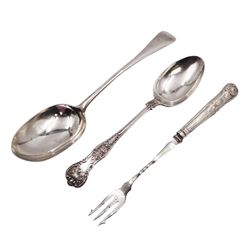 Edwardian silver Old English pattern table spoon, hallmarked Holland, Aldwinckle & Slater, London 1909, together with a silver Kings pattern dessert spoon, hallmarked James Deakin & Sons, Sheffield 1913, and a silver handled Kings pattern fork, hallmarked Barnett Henry Abrahams, Sheffield 1899