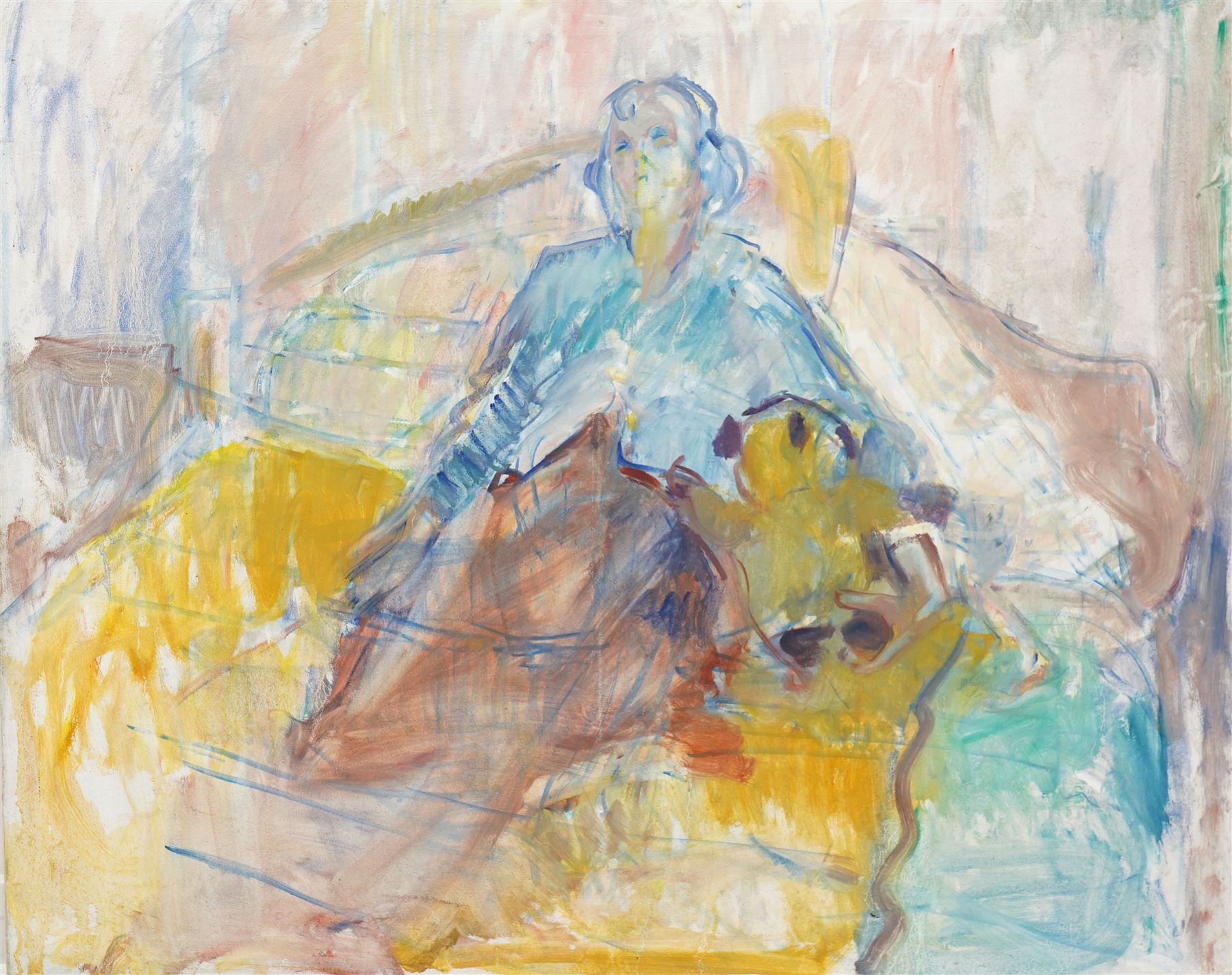 John Gilbey Bowles (British 1929-2011): Interior Scene with Lady in Bed, oil on canvas unsigned 102cm x 127cm (unframed
Provenance: from the family of the artist