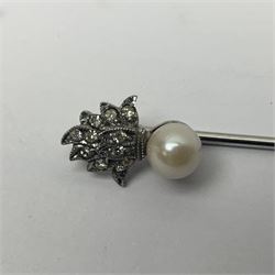 Five sterling silver sweetheart brooches - enamelled Royal Navy, enamelled RAMC, two graduated RAF and cultured pearl and paste flaming grenade stick-pin (5)
