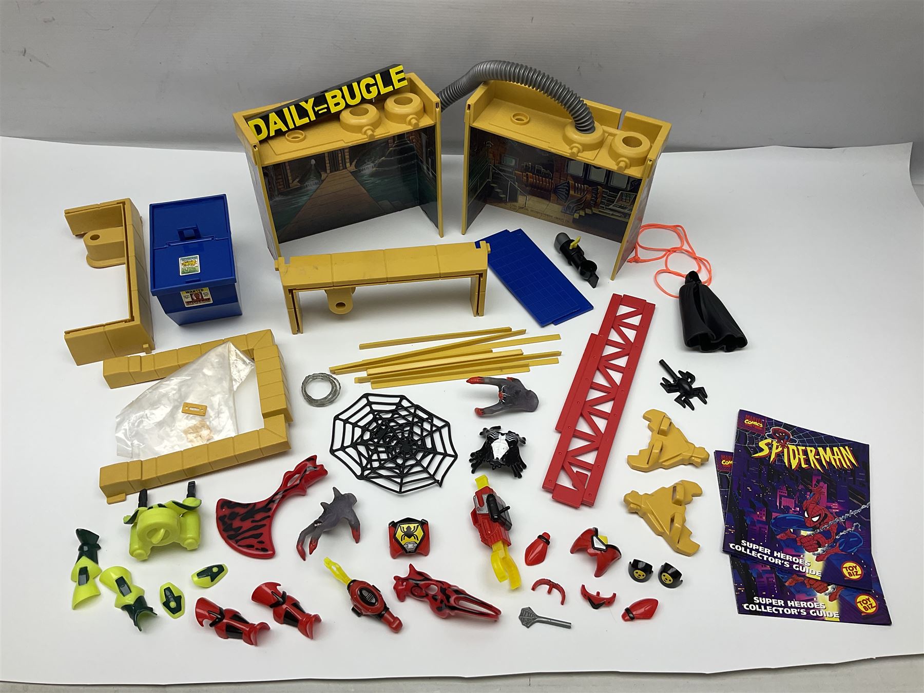 Group of early 90s Marvel/DC Comics toys; 1993 Kenner Batmobile with original Batman figure and plane; Marvel Comics Spider-Man 1994 Web of Steel series Hobgoblin Wing Bomber, incomplete Daily Bugle Playset and Scorpion; assorted figurines and later accessories 