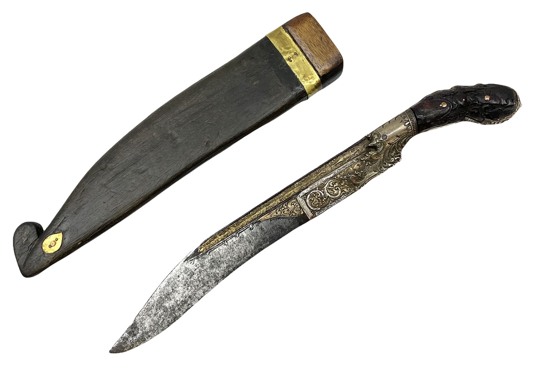 19th century Singhalese knife pia kaetta, the 20cm steel blade inset with yellow and white metal, with metal mounted carved pistol grip, in plain wooden scabbard L33cm overall