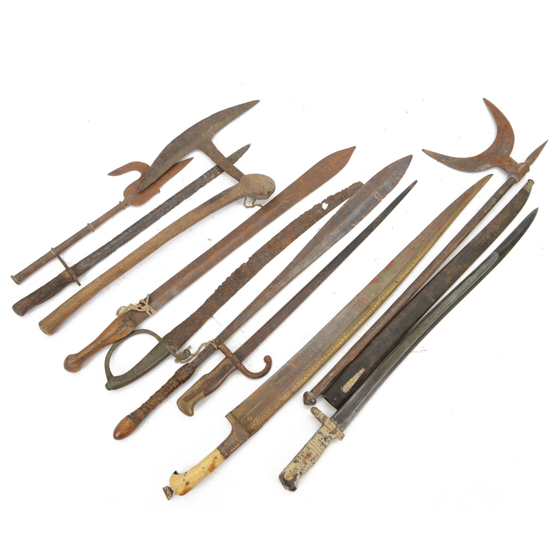 French Bayonet, with metal scabbard, together with two other bayonets, Kyhber sword and other swords and weapons 