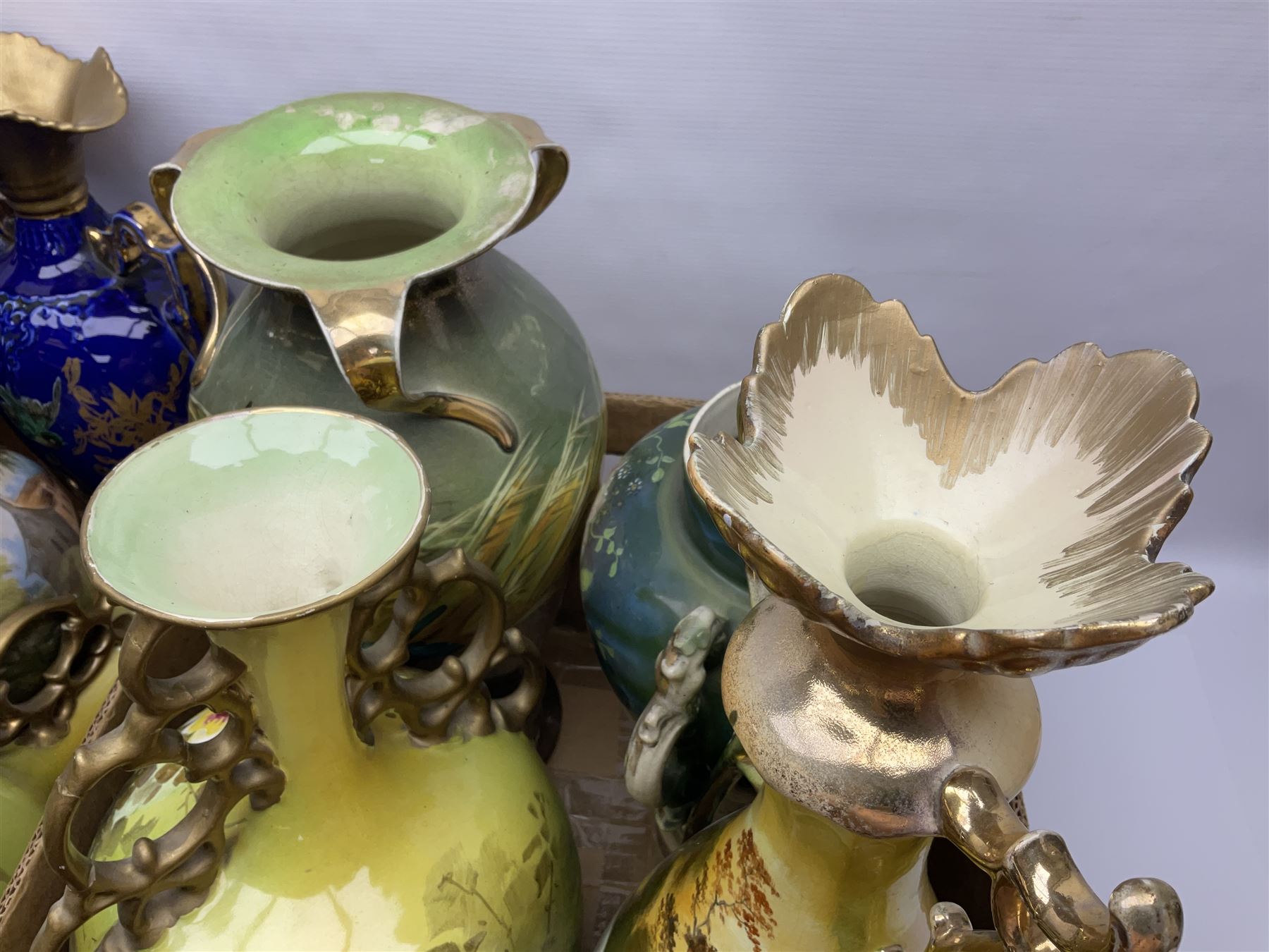 Continental hand painted vase, together with eight large Victorian vases, including some St Louis Artware examples and a pair painted with swans, tallest H50cm