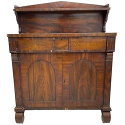 Early 19th century rosewood chiffonier, raised sloped arch back with shelf, rectangular top over secretaire frieze drawer, the fall front enclosing satinwood interior fitted with small drawers and pigeonholes, double cupboard below enclosed by arched panelled doors, on rolled front feet
