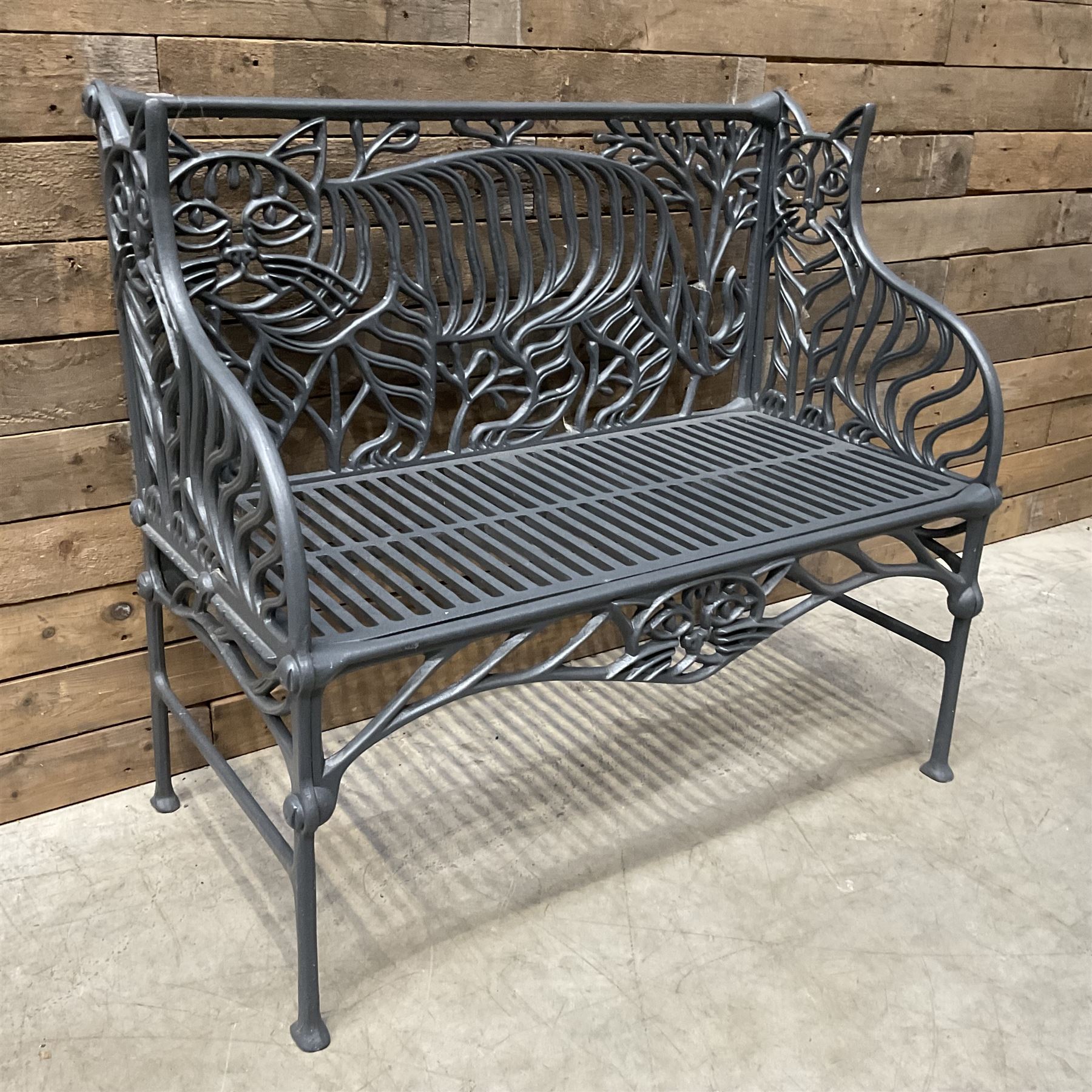 Richard Bawden (1936-2024); - Cat design painted cast iron garden bench